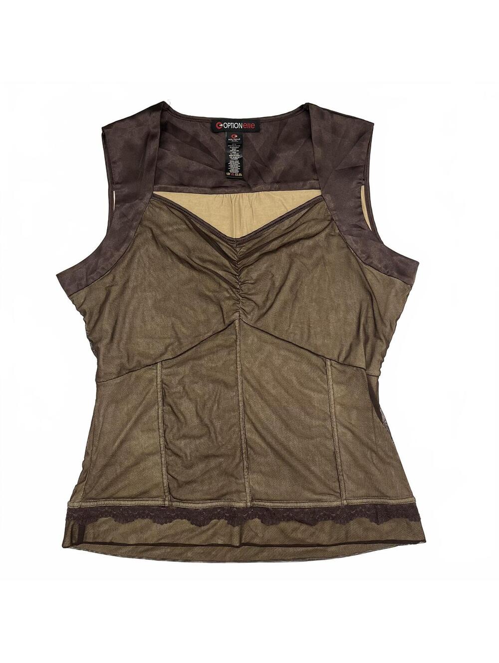 Y2K Optionelle Brown Mesh And Silk Panels Corset Style Top With Lace Trim Sz M